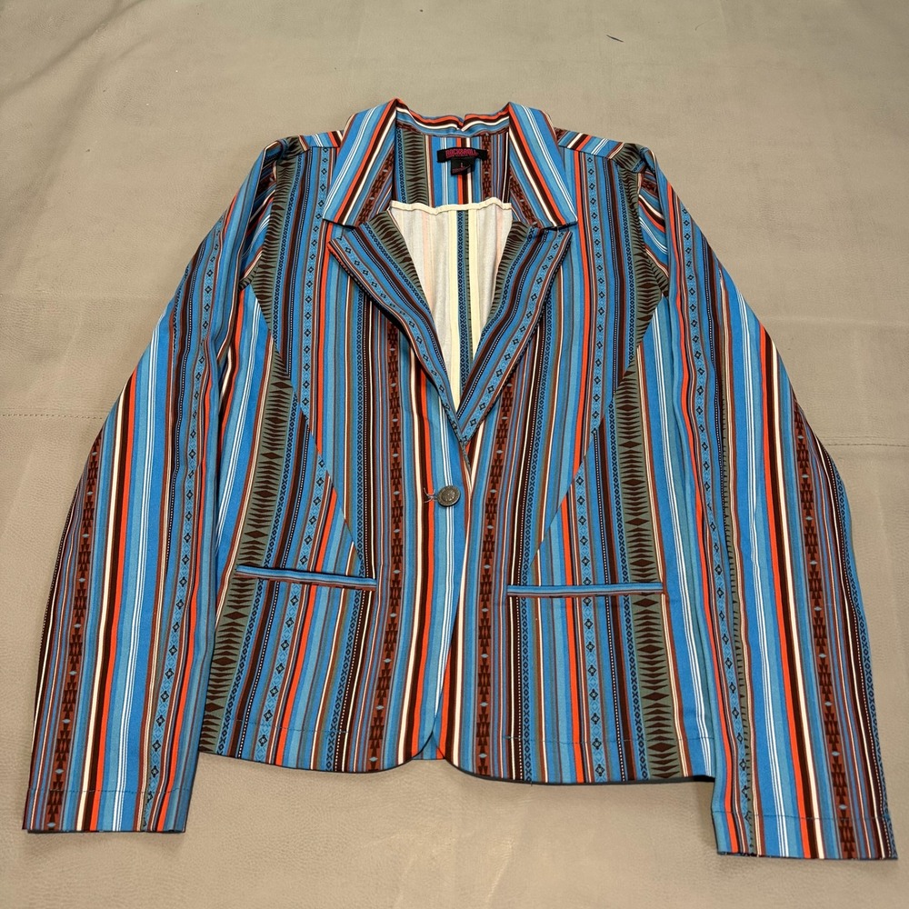 Rock & Roll Denim Women Blue Cowgirl Y2K Aztec‎ Stripe Blazer Y2K Rodeo-L-6177